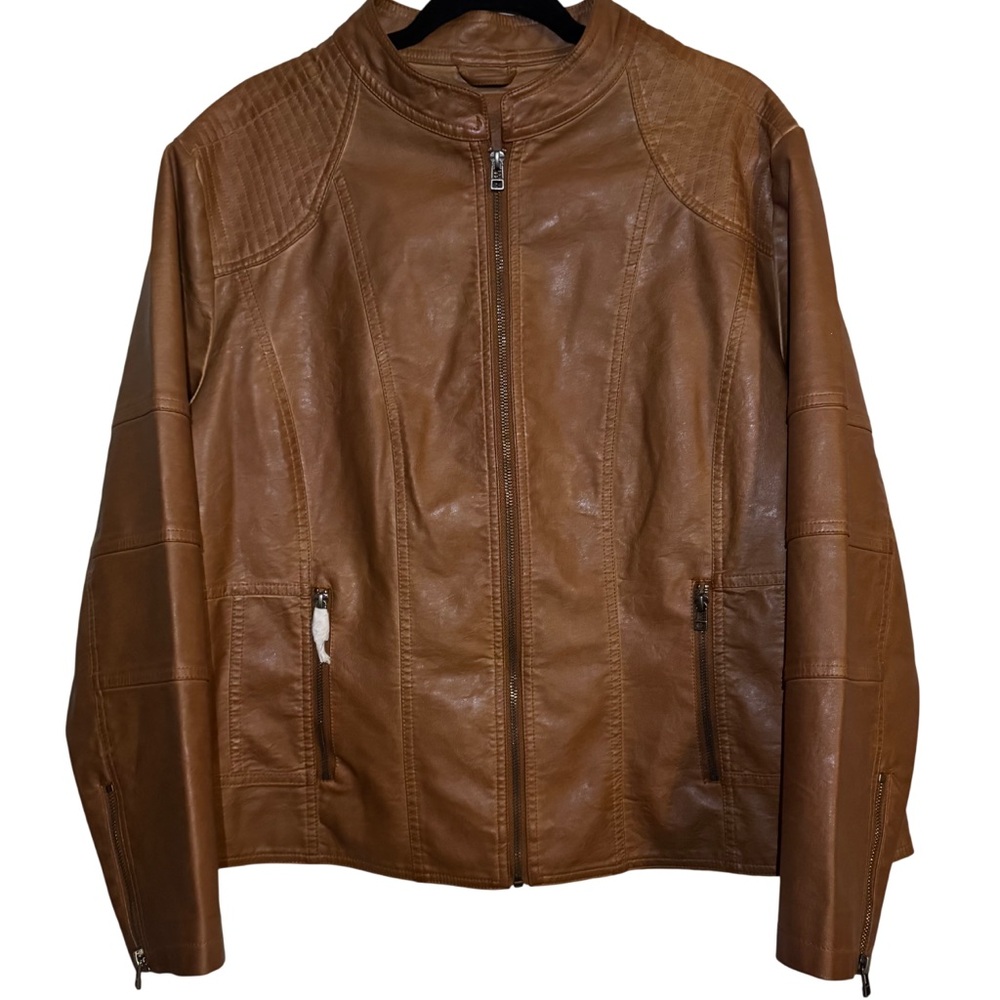 Max Studio Women’s Brown Faux Leather Jacket With Zip Closure, Size 1X. NWT
